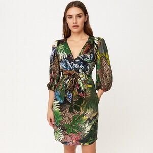 Cache Women's Dress Y2K   100% Silk A Line Tropical Print V Neck Tie Waist  Sz 6